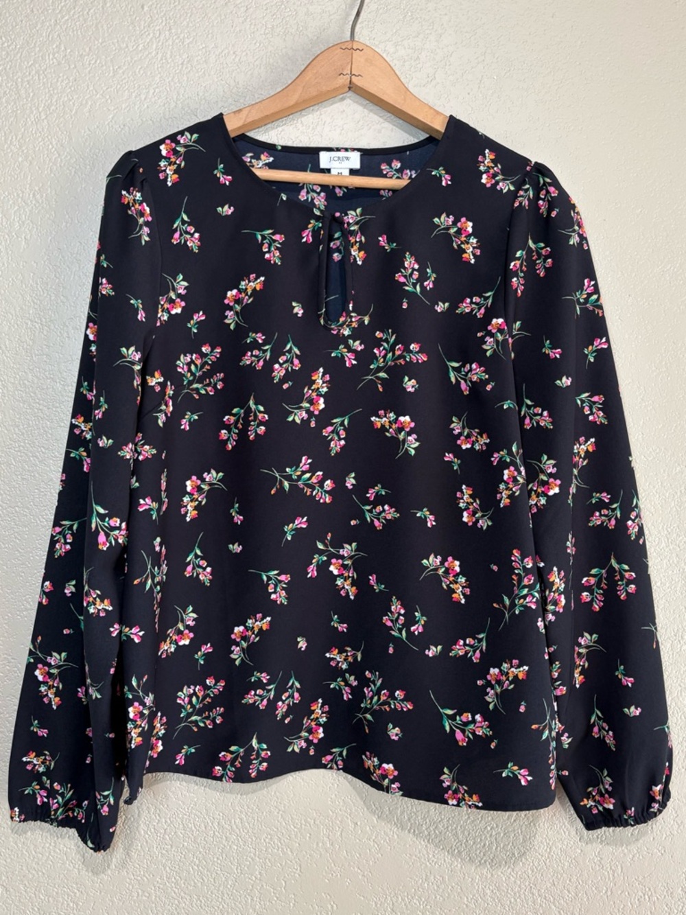 J. Crew Black Floral Keyhole Long Sleeve Blouse